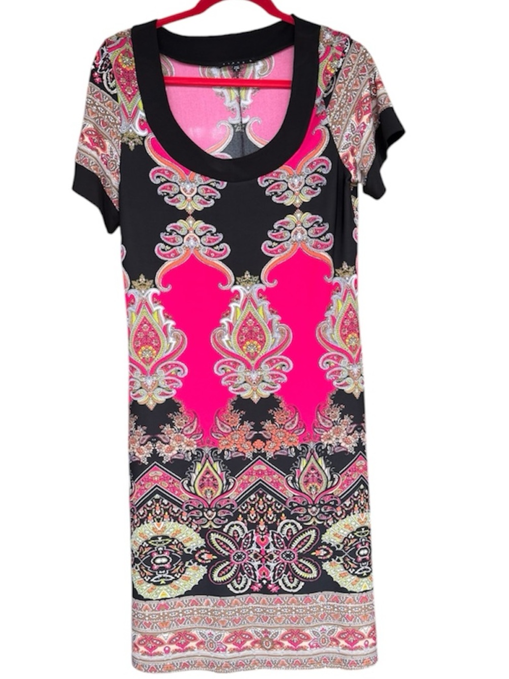 Tiana B. Black and Hot Pink Printed Midi Dress